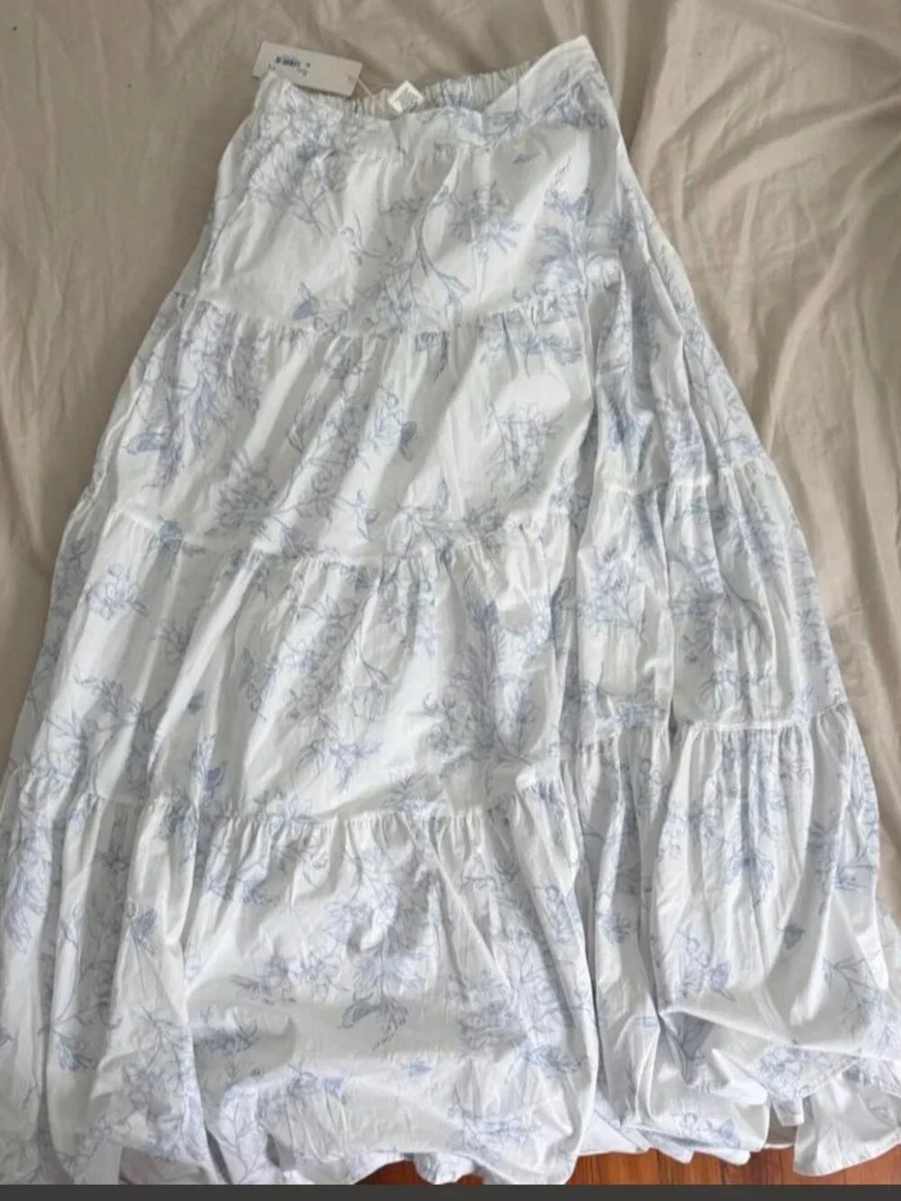 Altar'd State White Maxi Skirt with Light Blue Floral Print